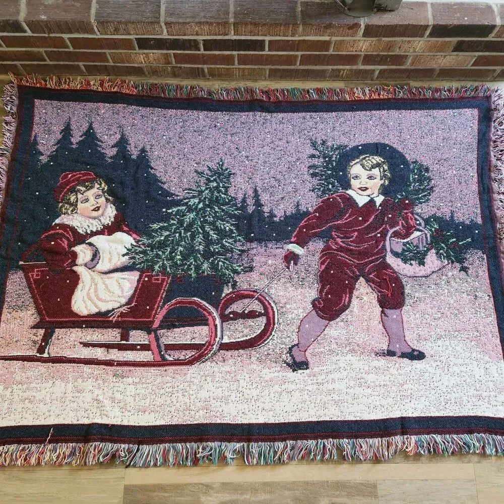 Christmas Sledding Children Woven Victorian Tapestry Throw W/Fringe 68